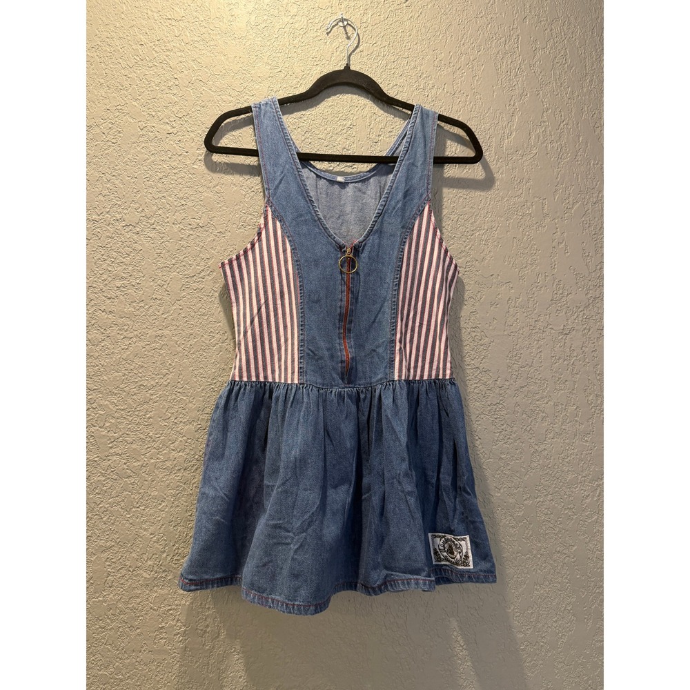 Cherokee Voyage Vintage Denim Striped Pinafore Dress Nautical Mini